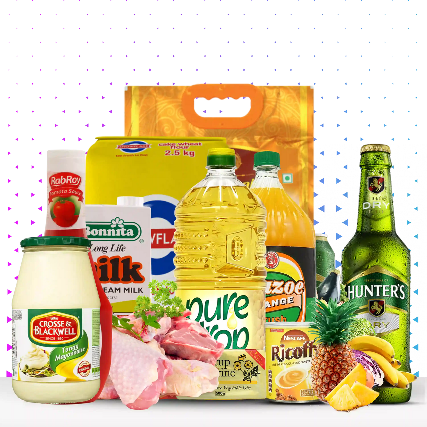 Small Pack Cooking oil 6l Sugar 6kgs Rice 6kgs Flour 4kgs Toothpaste 2 * 100mls Salt 1kg Bath soap 2 Surf 2 kg,2 green bar, tea bags 1kg Cremora